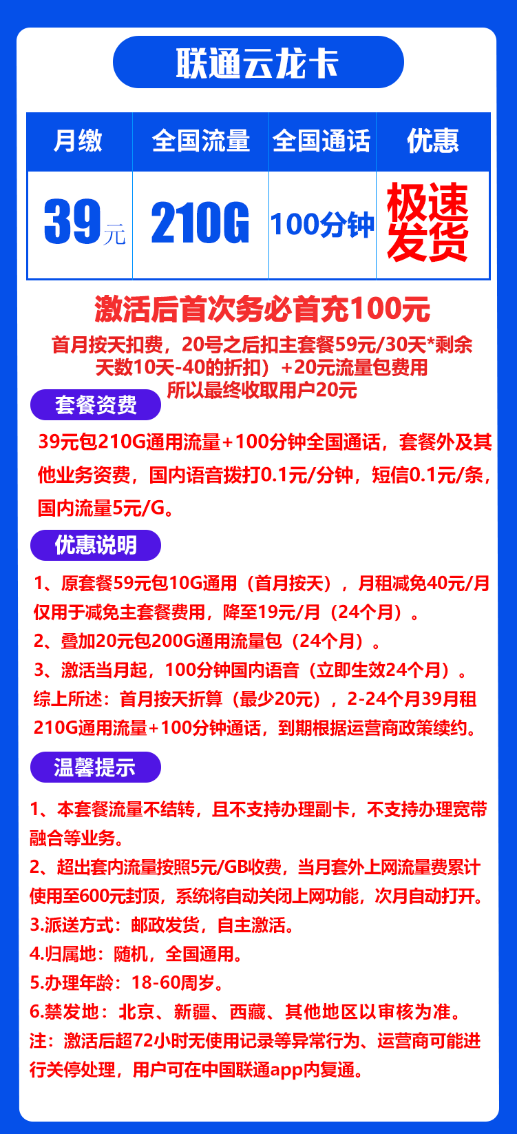 联通云龙卡丨39元210G+100分钟(自主激活) 第1张 联通云龙卡丨39元210G+100分钟(自主激活) 第1张