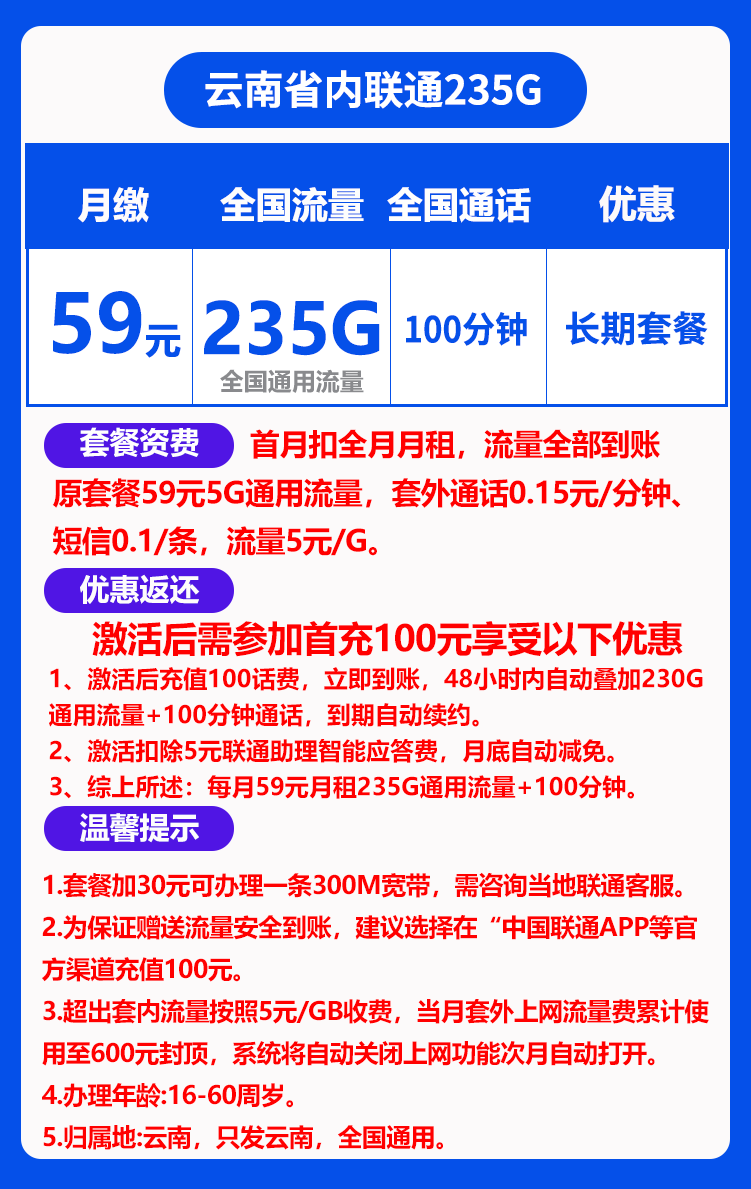 联通云南59卡丨59包235G通用+100分钟 第1张 联通云南59卡丨59包235G通用+100分钟 第1张