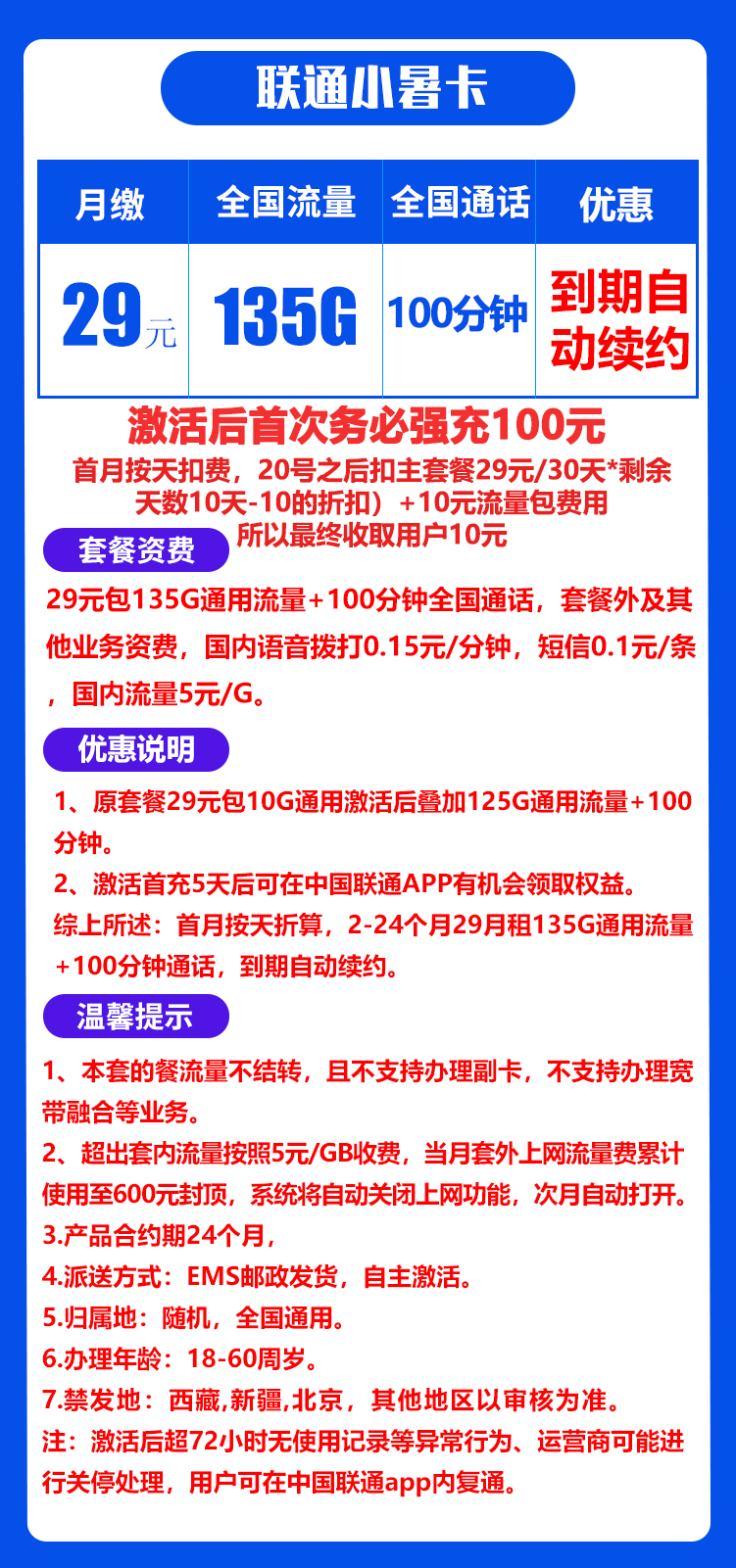 联通小暑卡丨29元135G+100分钟(自主激活,可领取权益) 第1张 联通小暑卡丨29元135G+100分钟(自主激活,可领取权益) 第1张