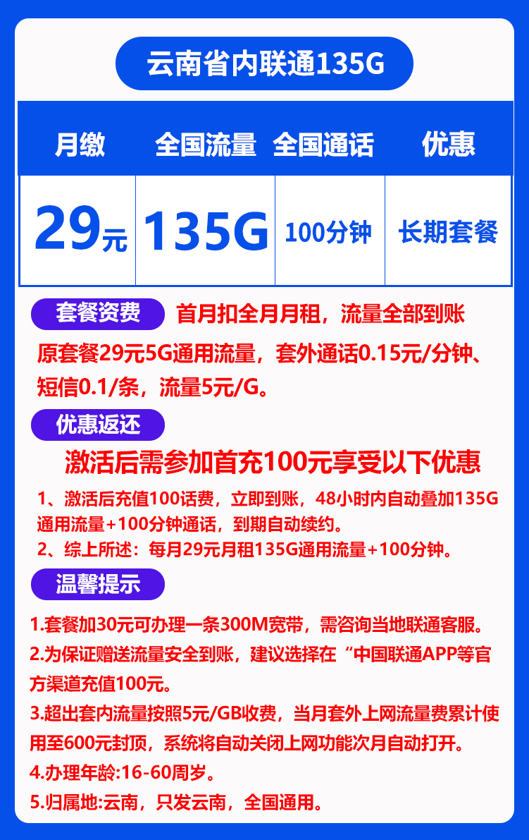 联通云南29卡丨 29元包135G通用 第1张 联通云南29卡丨 29元包135G通用 第1张