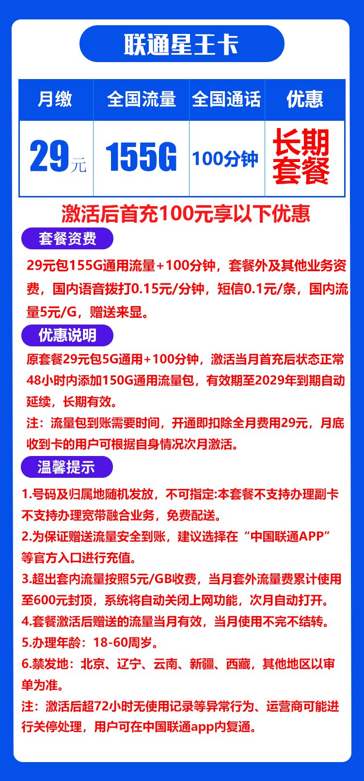 联通星王卡丨29元155G+100分钟(自主激活,长期套餐) 第1张 联通星王卡丨29元155G+100分钟(自主激活,长期套餐) 第1张