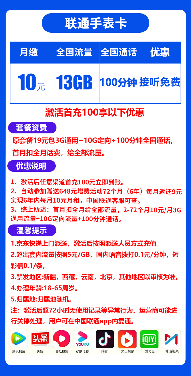 联通手表卡丨10元3G通用+10G定向+100分钟(6年套餐) 第1张 联通手表卡丨10元3G通用+10G定向+100分钟(6年套餐) 第1张