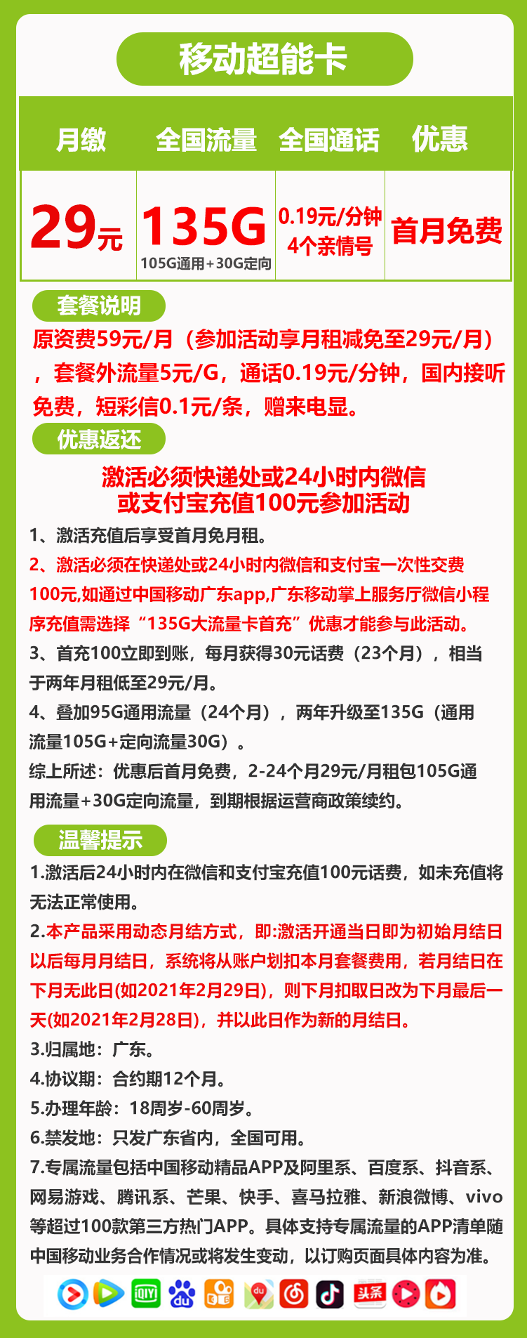 移动超能卡丨29元105G通用+30G定向(两年套餐,广东省内收货地即归属地) 第1张 移动超能卡丨29元105G通用+30G定向(两年套餐,广东省内收货地即归属地) 第1张